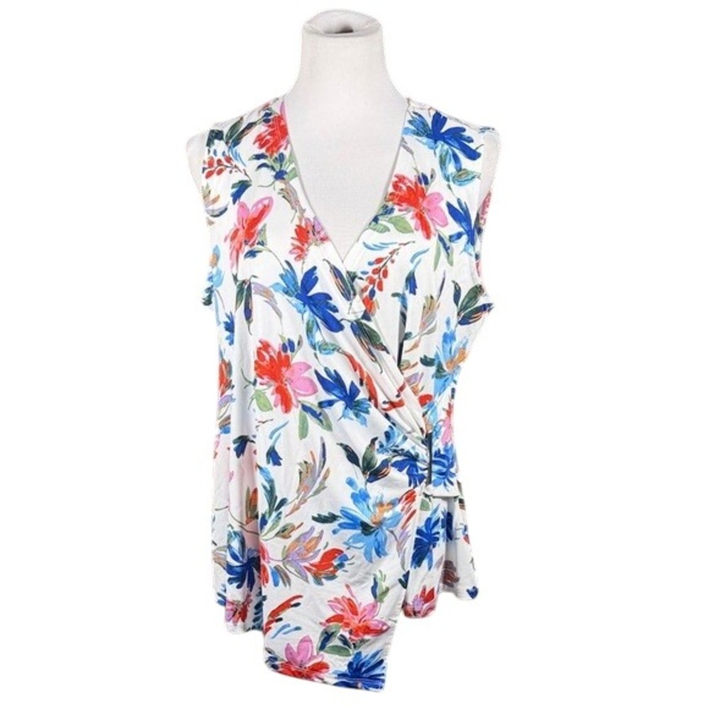 Sabrina Lauren New York Womens XL Floral Surplice Sleeveless Wrap Top White Blue
